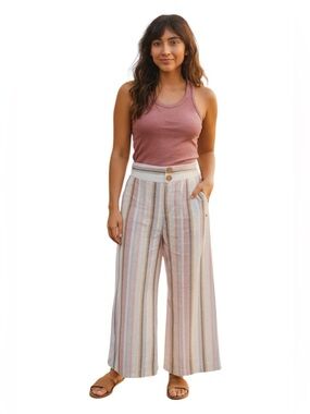 ROXY Wide Leg Striped Sailing Trip Linen High Rise Pants Blue Pink xsmall